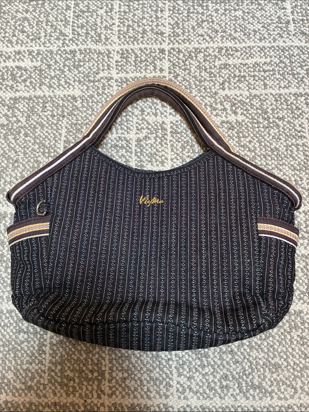 Black Striped Mini Shoulder Bag with Gold Script Logo